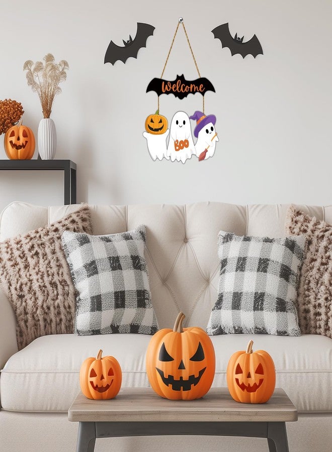 YUNKKIN Halloween Door Decorations Cute Ghost Decor Wreath Bat Welcome Sign Wooden Front Door Hanger Bat Ghost Hanging Sign Wreath for Wall Indoor Home Decor - Image 5